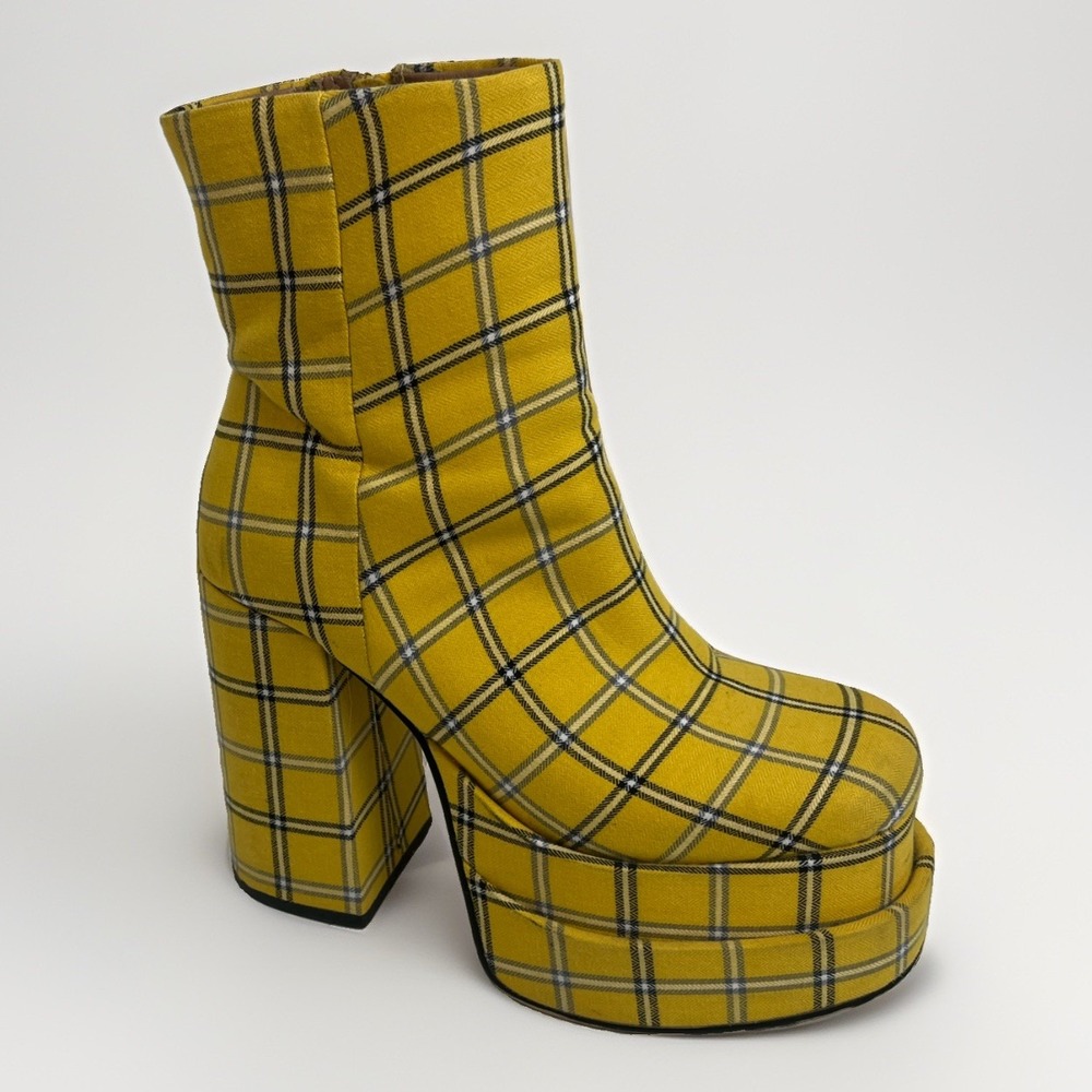 Steve Madden Yellow Plaid Cobra Platform Chunky Boots Retro Clueless Size 8.5M